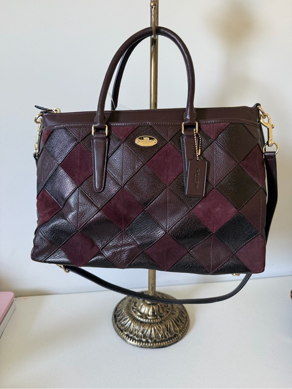 Coach Morgan Satchel in Oxblood Diamond Patchwork Leather and Suede Tote Bag NWT